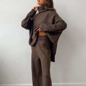 NWT! Commense Plain Turtleneck Knit Pants Outfit Set - Brown Size Medium